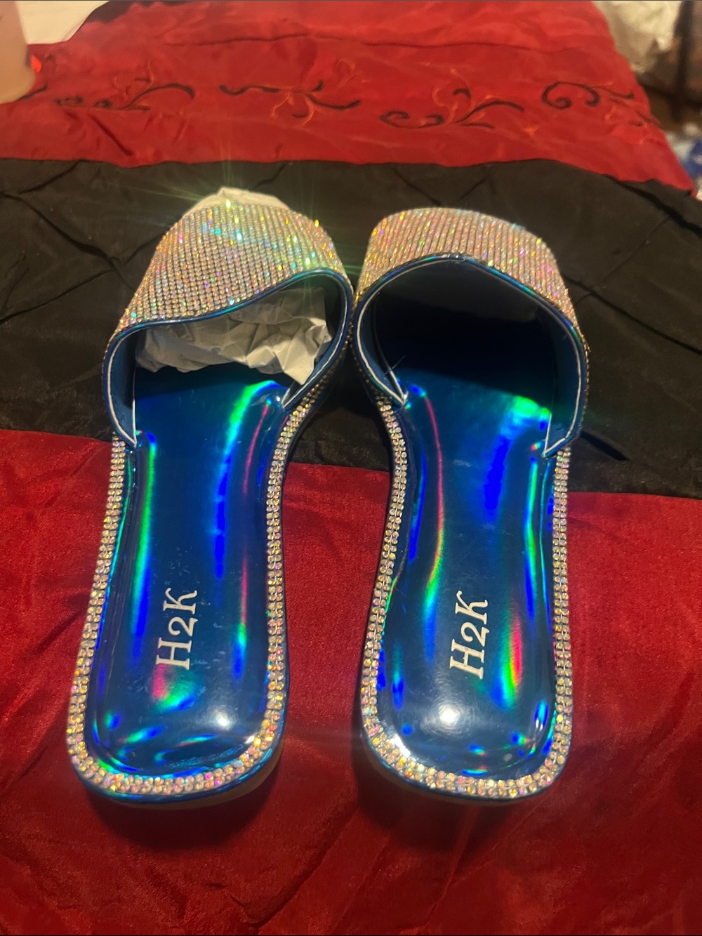 Iridescent Blue Slide Sandals with Crystal Accents